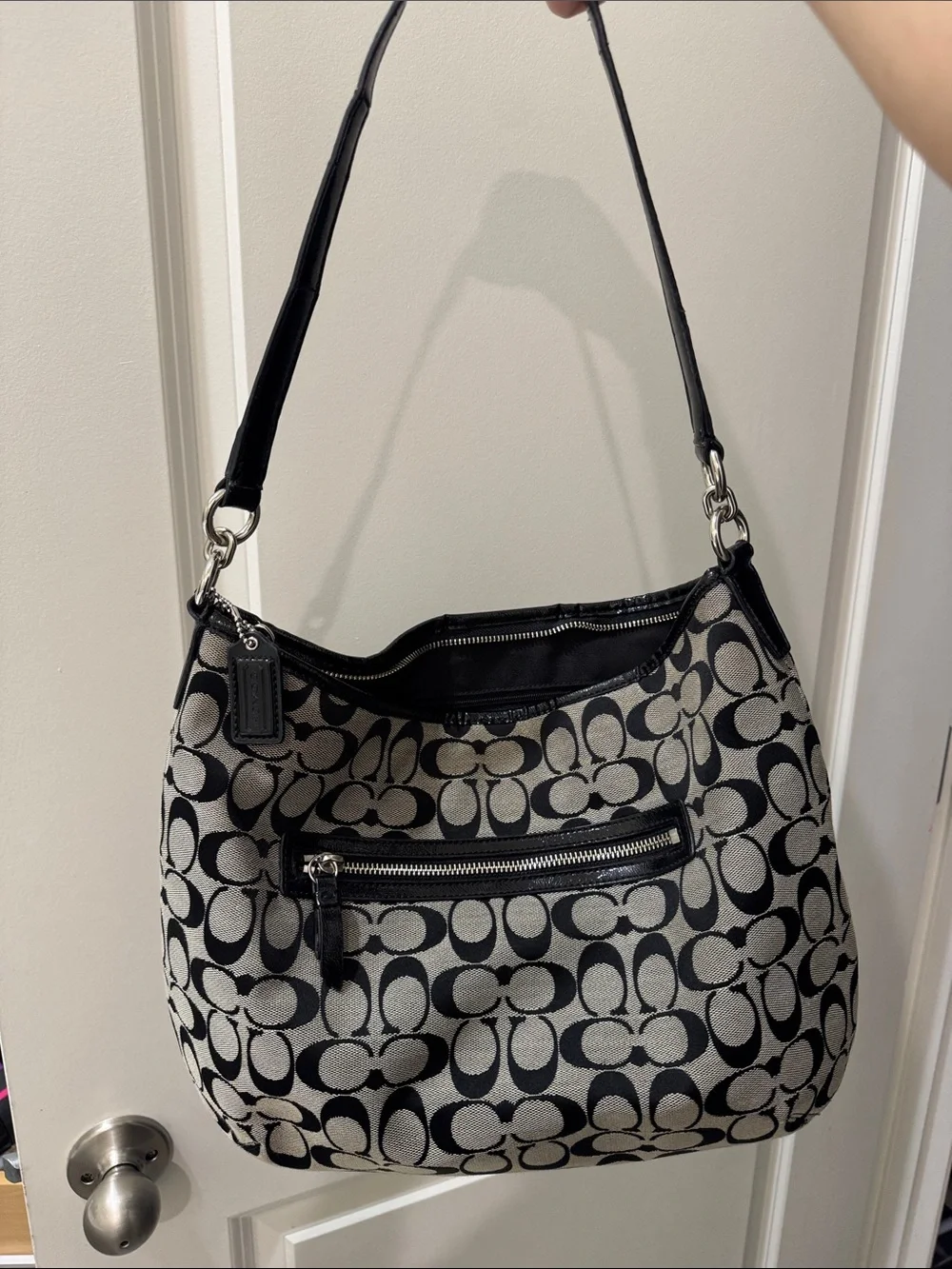 Coach Black and Cream Signature Canvas Hobo